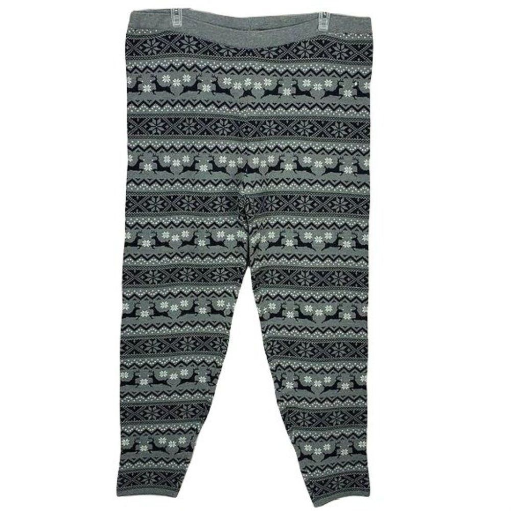 33 Degrees Fair Isle Reindeer Snowflake Knit Leggings Gray Black White 2X